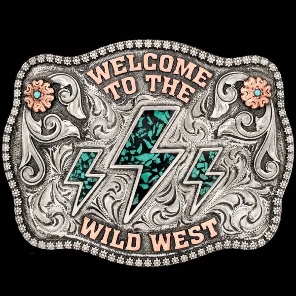 Wild West Belt Buckle (In Stock), Embrace your inner cowgirl with the 'Wild West' in-stock buckle. This buckle features our signature Crushed Turquoise Stones and beautiful Copper l